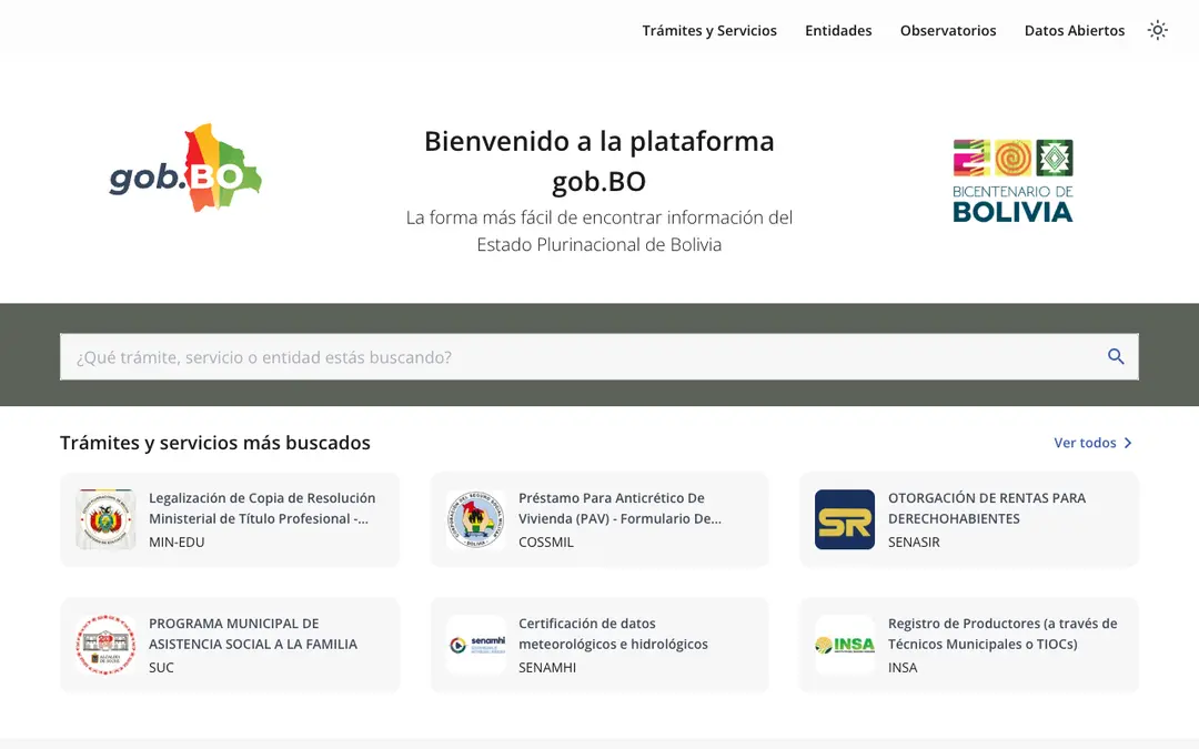 Captura de pantalla de Gob.bo (Portal Único del Estado)