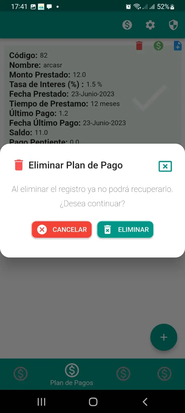 Captura de pantalla de Plan de Pagos