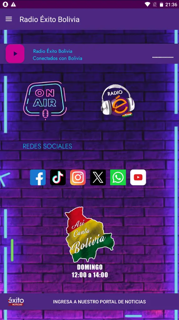 Captura de pantalla de Radio Éxito Bolivia